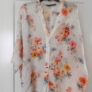Zara White Cream Blouse 3/4 Sleeve Mandarin Collar